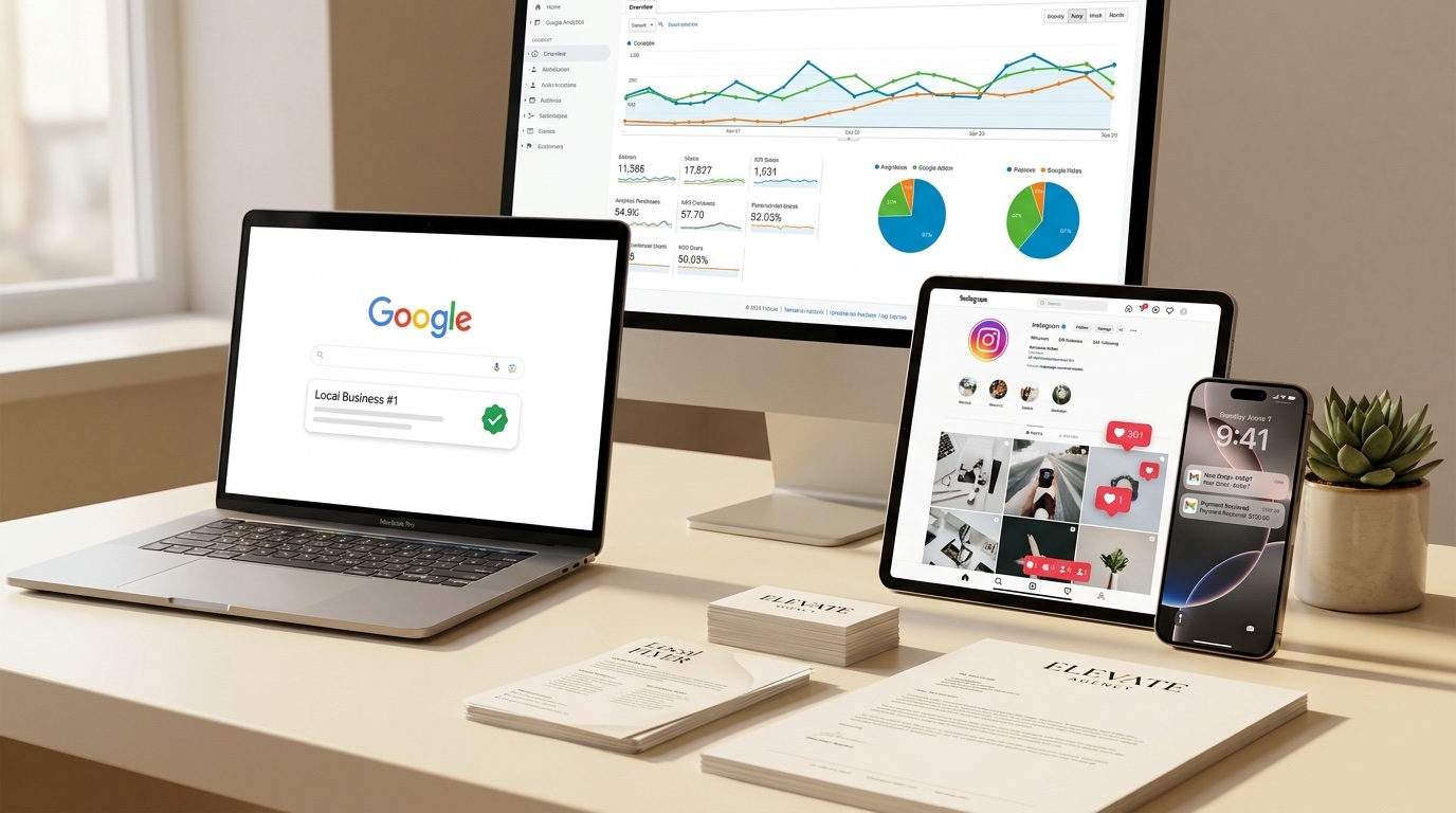 Website, Google, advertenties en social media — alles onder één dak op MacBook, iMac, tablet en iPhone